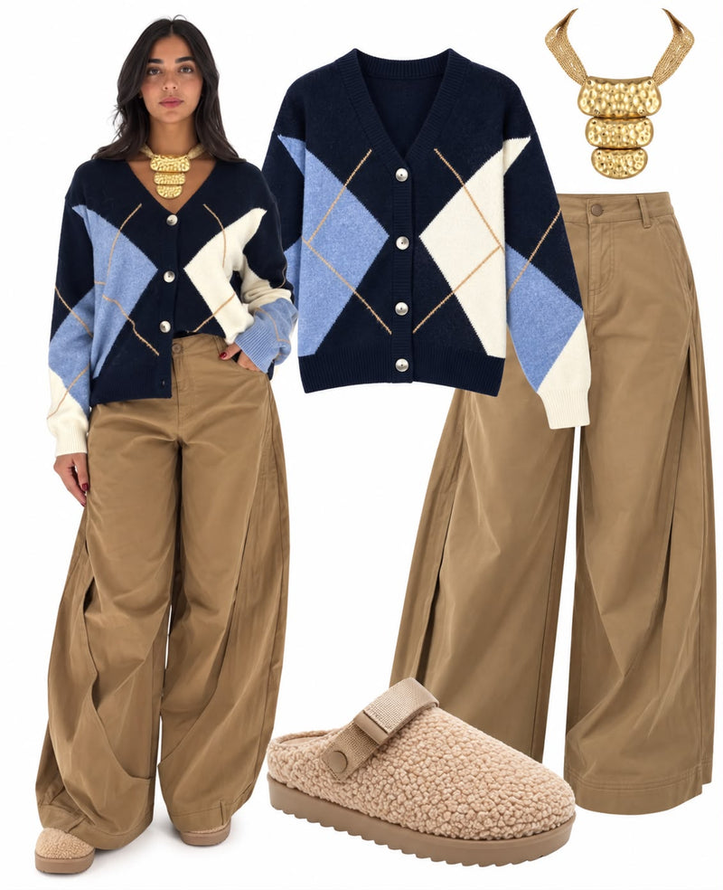 Navy Cardigan & Beige Trousers