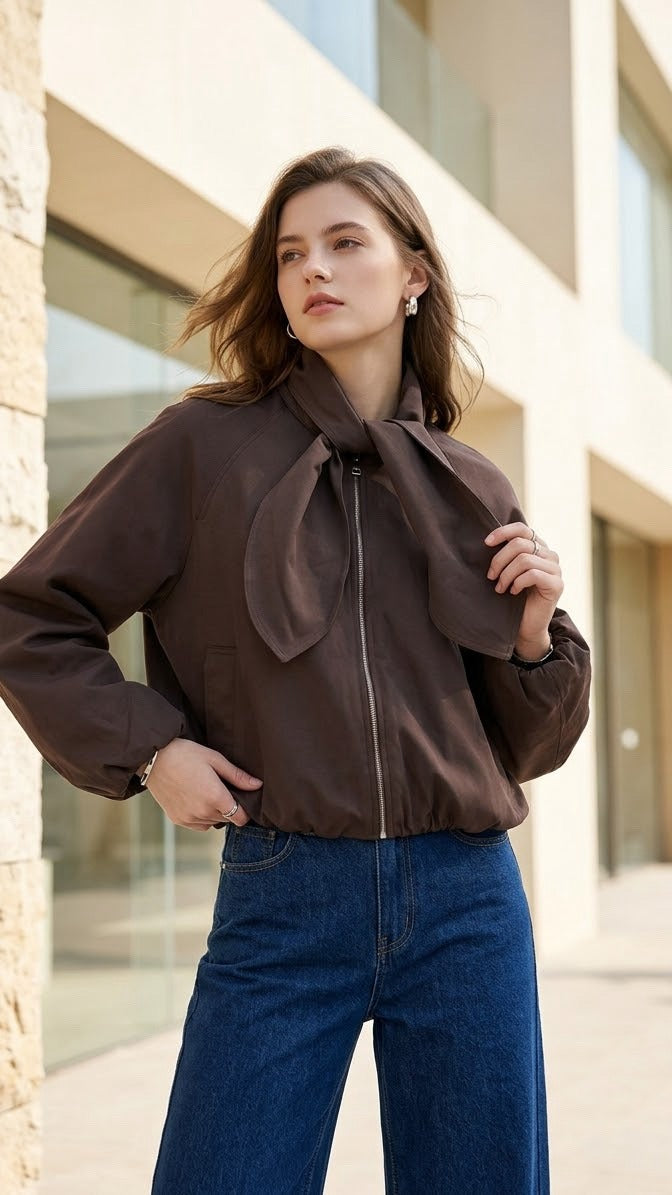 Selene Tie-Neck Bomber Jacket in Coffee