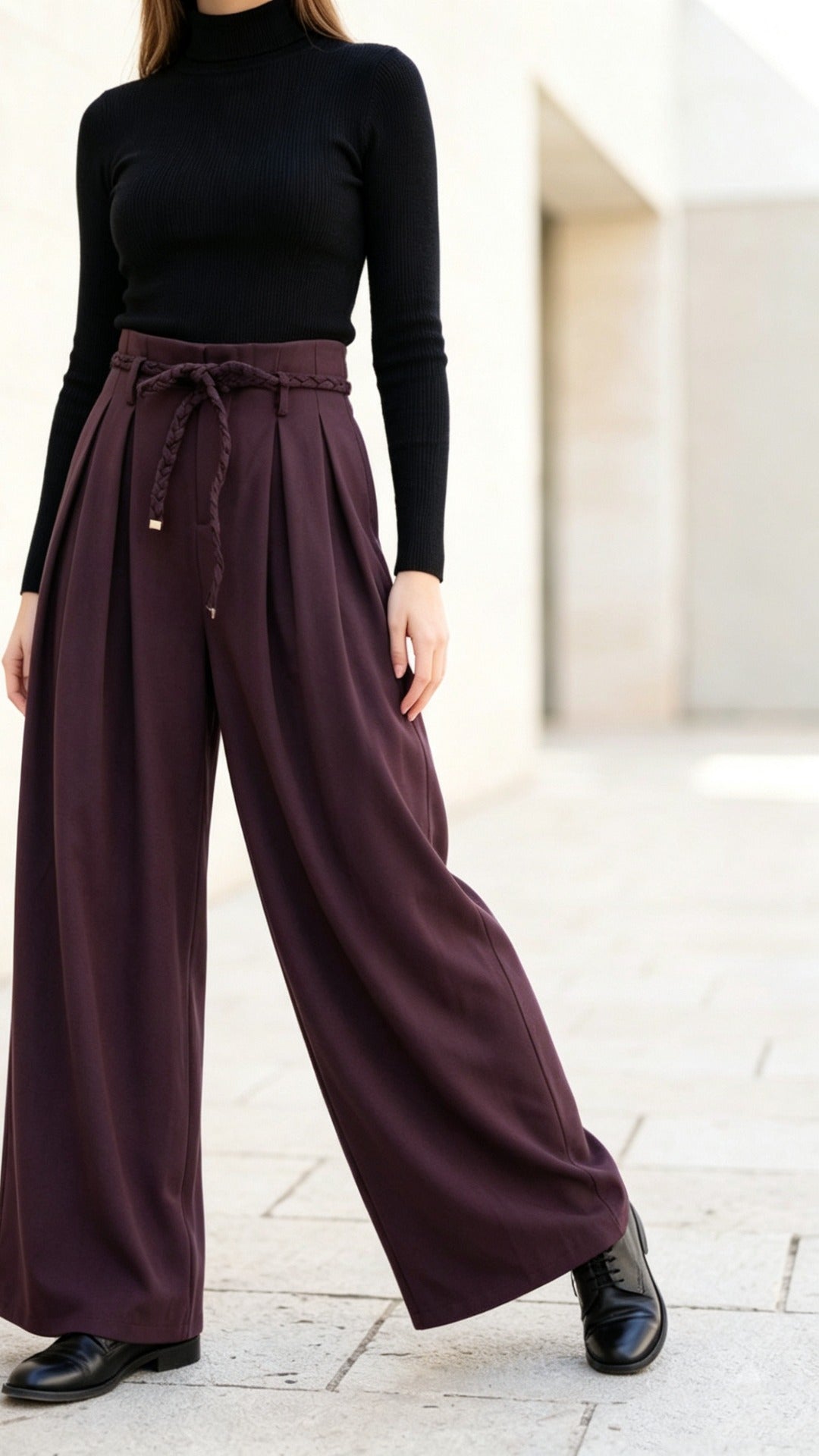 Siena Rope-Belt Wide-Leg Trousers in Burgundy
