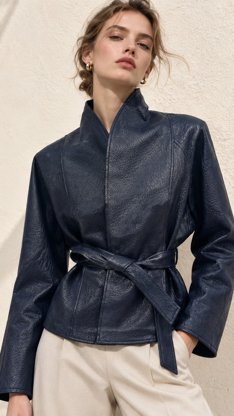 Lamar Belted Faux-Leather Wrap Jacket in Navy