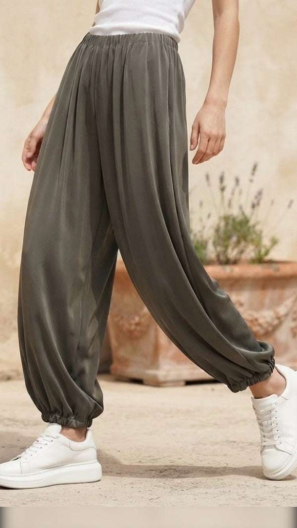 Hala Satin Balloon-Leg Trousers in Army Green