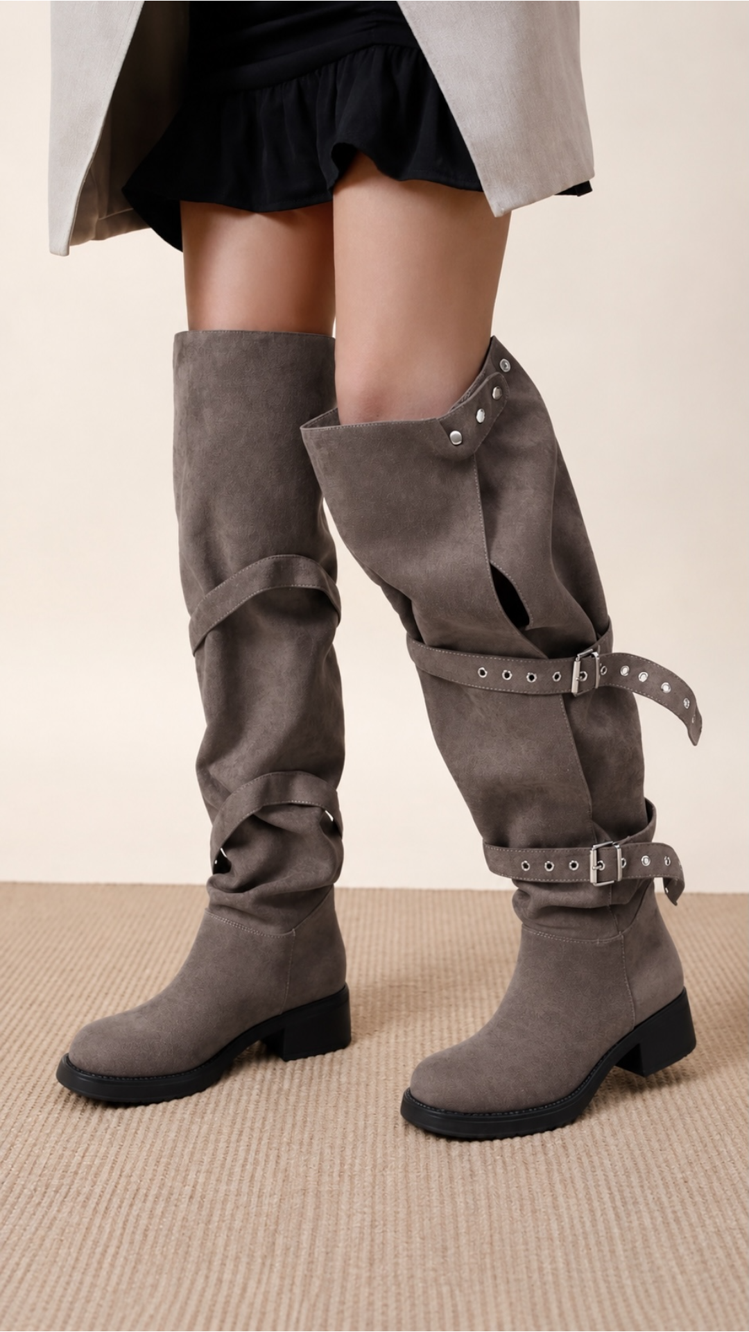 High Suede Boots With Straps