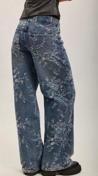 FLORAL PRINT STRETCH STRAIGHT DENIM PANTS