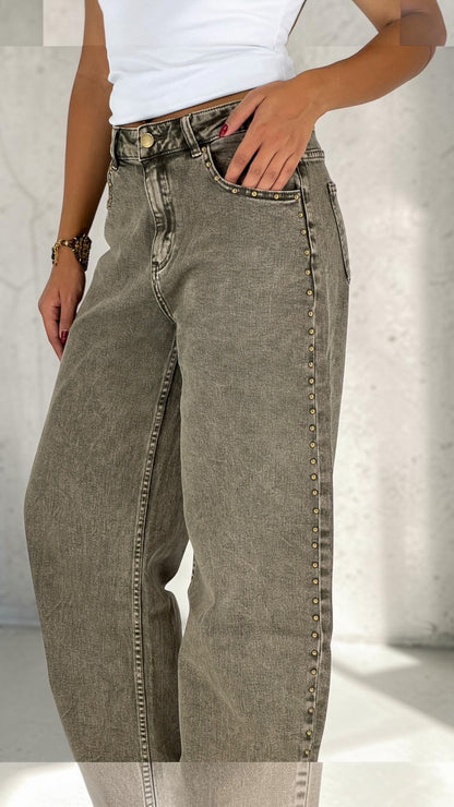 Jedda Kaki Studded Balloon Jeans