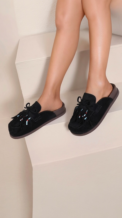Fringed Mules with Pearls