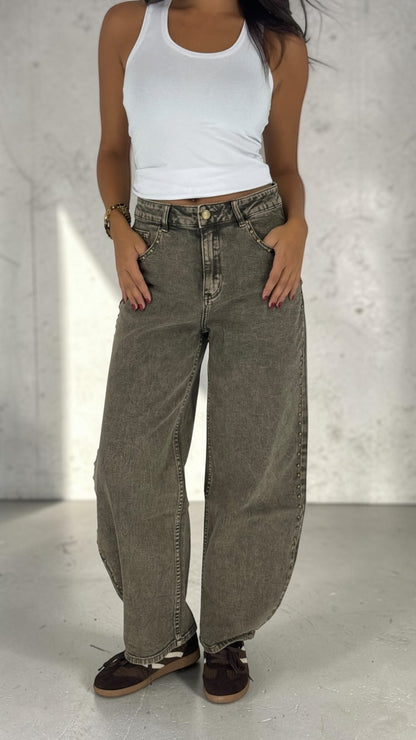 Jedda Kaki Studded Balloon Jeans