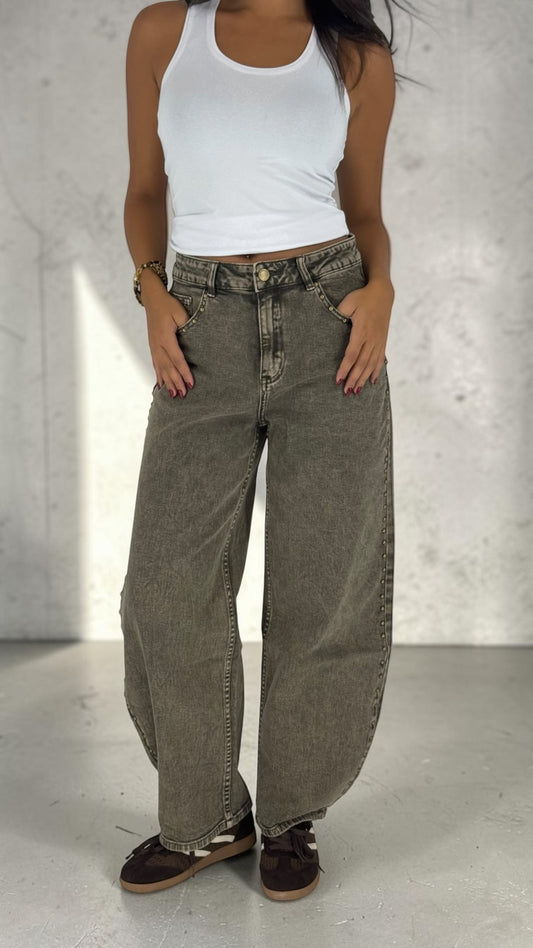 Jedda Kaki Studded Balloon Jeans