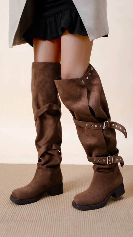 High Suede Boots With Straps