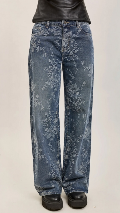 FLORAL PRINT STRETCH STRAIGHT DENIM PANTS