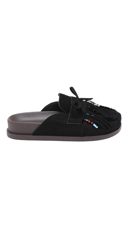 Fringed Mules with Pearls