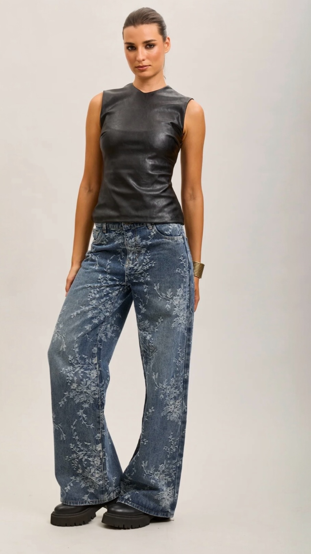 FLORAL PRINT STRETCH STRAIGHT DENIM PANTS
