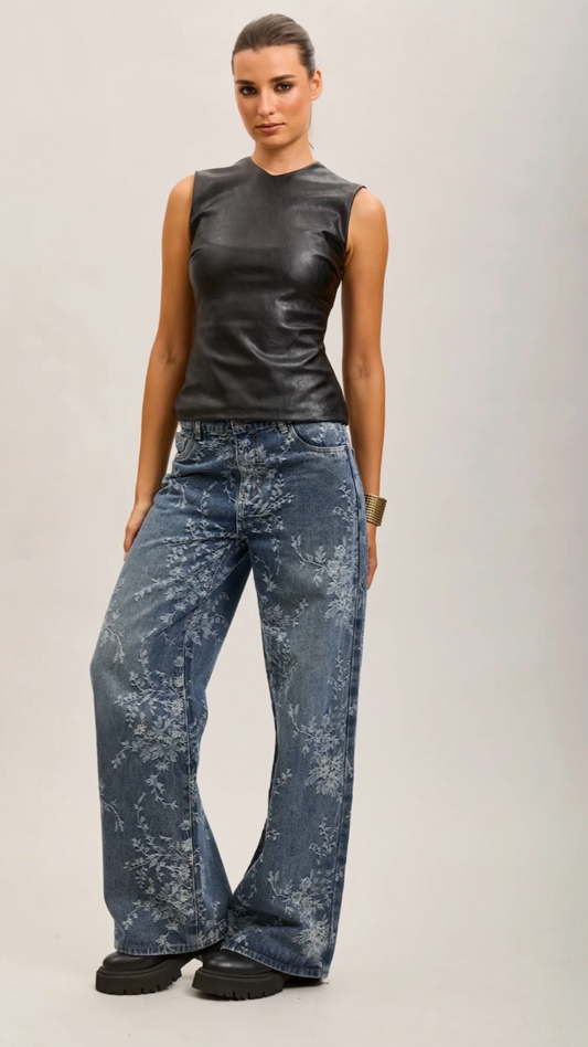 FLORAL PRINT STRETCH STRAIGHT DENIM PANTS