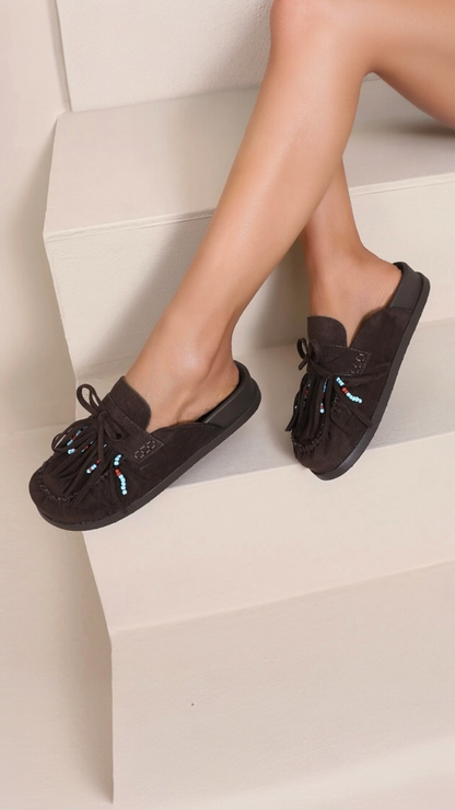 Fringed Mules with Pearls
