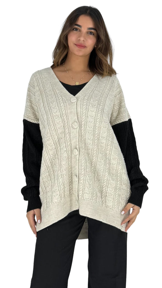 Zoe Beige Cardigan with Black Sleeves