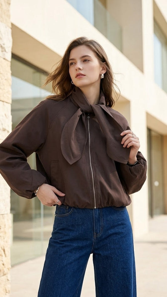 Selene Tie-Neck Bomber Jacket in Coffee