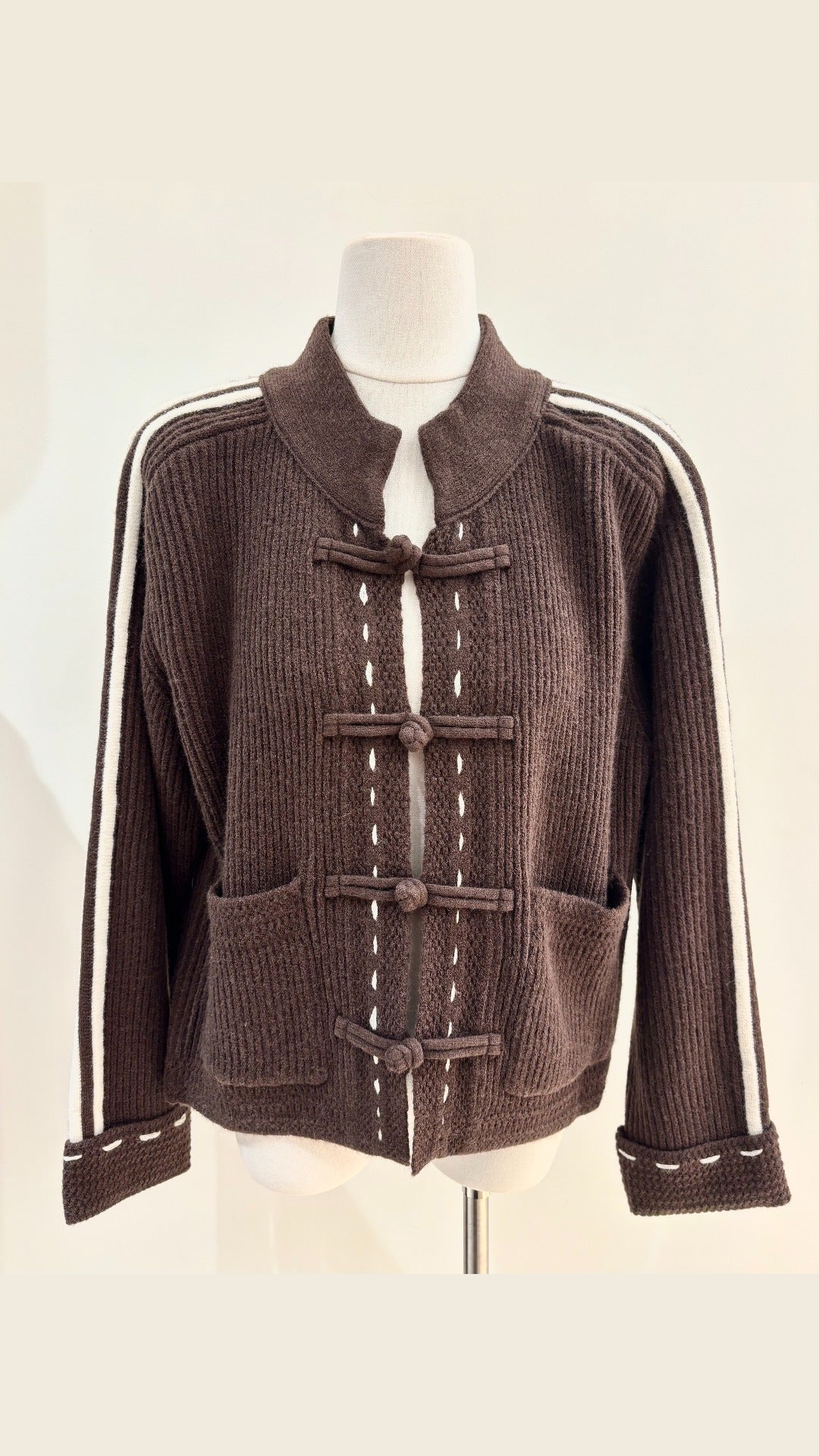 Odette Frog-Button Knit Cardigan in Coffee
