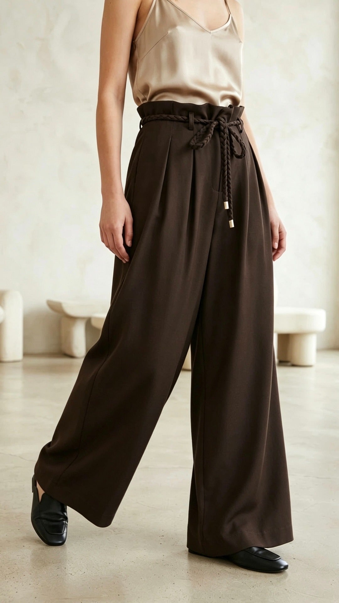 Siena Rope-Belt Wide-Leg Trousers in Coffee