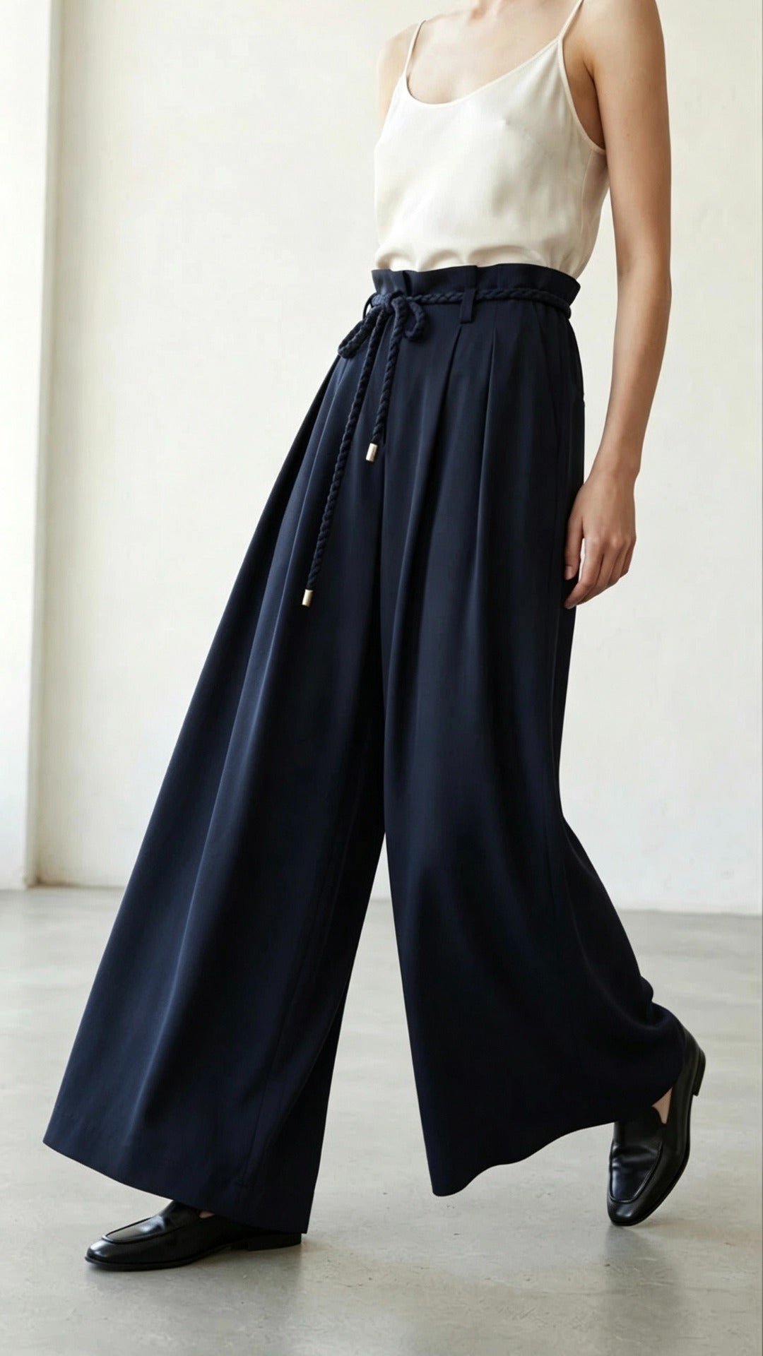 Siena Rope-Belt Wide-Leg Trousers in Navy