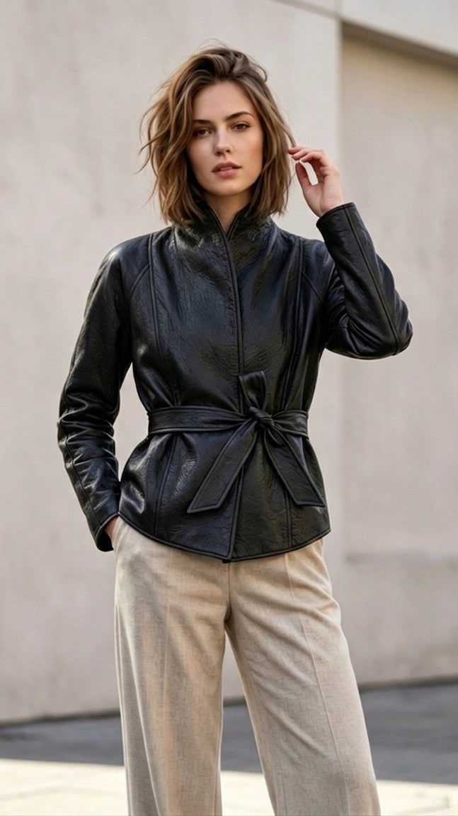 Lamar Belted Faux-Leather Wrap Jacket in Black