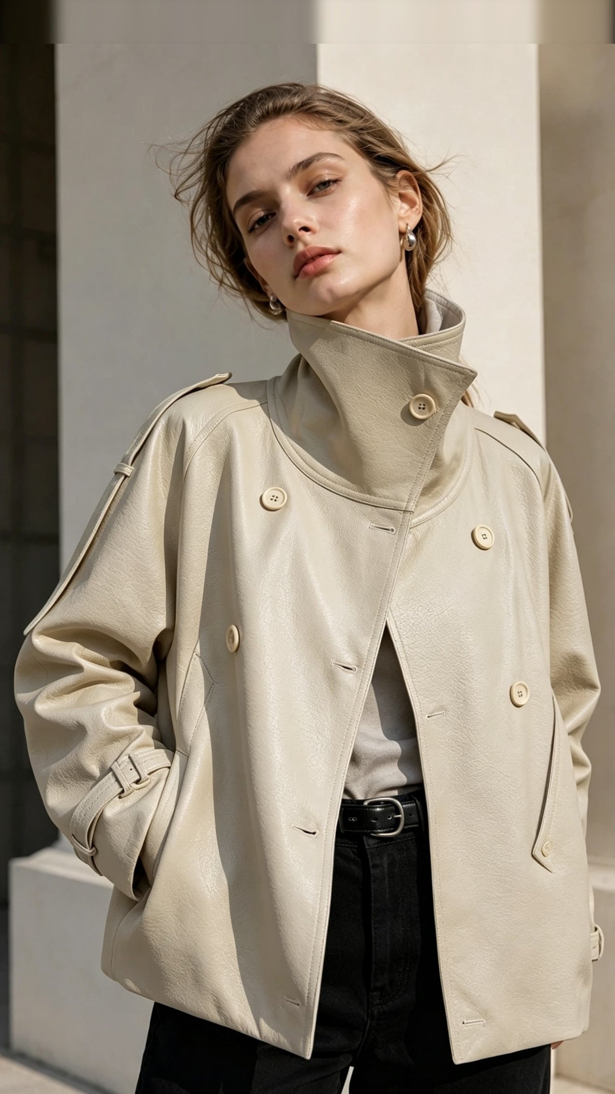 Sereen Funnel-Neck Short Trench Jacket in Beige