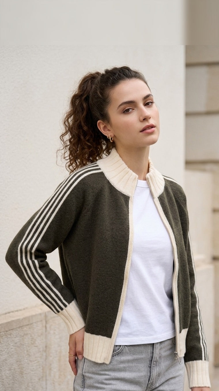 Noor Striped-Sleeve Knit Jacket in Army Green
